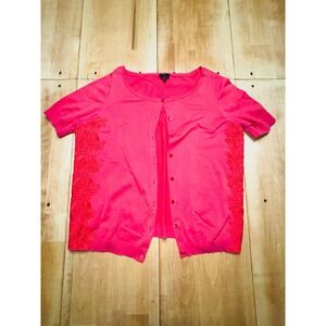 Talbots Woman Petites Pink Short Sleeve Lace Trim Cardigan Sweater 1X Petite